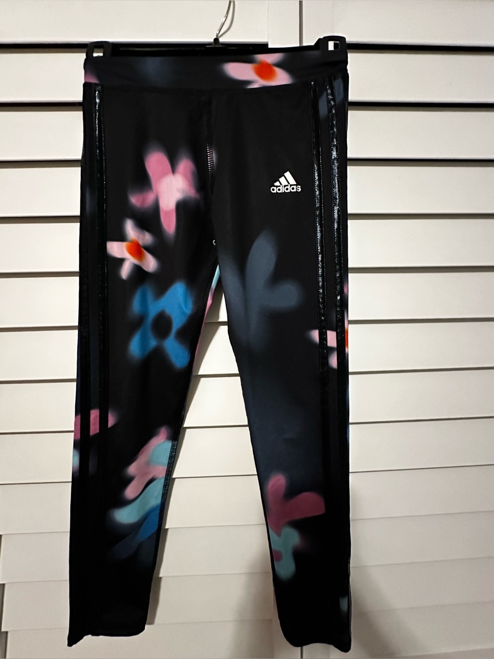 Adidas Black Leggings with Pink & Blue Floral Blur Print